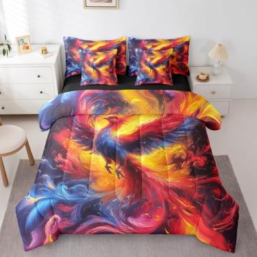 Imagem de Erosebridal Jogo de lençol casal com tema de pássaro chamas de fênix de fogo, 7 peças, estampa 3D, vida selvagem antiga