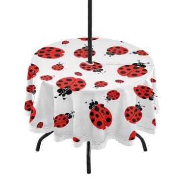 Imagem de Qilmy Toalha de mesa redonda impermeável Little Bug de 152 cm com orifício para guarda-chuva e zíper – uso externo / interno resistente para pátio, churrascos, piqueniques, festas (serve para mesas
