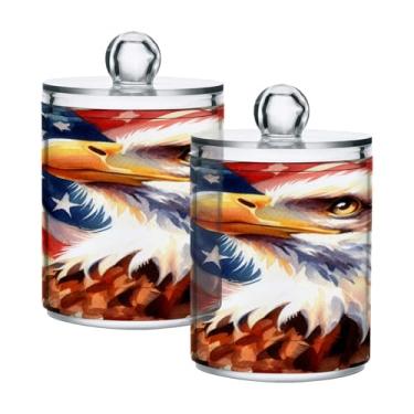 Imagem de Qilmy Pacote com 2 suportes Qtip com bandeira americana em aquarela, frascos de boticário de 400 ml, vasilha organizadora de banheiro para cotonetes, bolas de algodão, almofadas de maquiagem, fio
