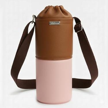 Imagem de Bolsa Térmica (MARROM COM ROSA) RAMIERE para Garrafa de 1 LITRO em Couro Sintético - Coleção Cores VERÃO 2026