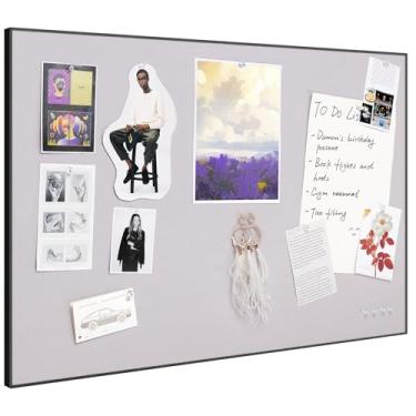 Imagem de Quadro de avisos 76 x 50 cm, quadro de pinos cinza lavanda, quadro de cortiça de tecido emoldurado de alumínio preto com 10 pinos