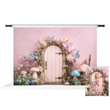 Imagem de Kate Conto de fadas primavera porta cogumelos borboleta pano de fundo de parede rosa adereços para foto 2,1 x 1,5 m