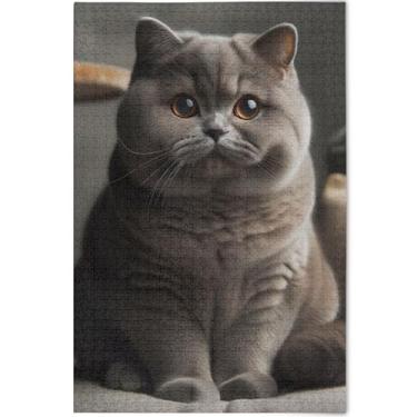 Imagem de Quebra-cabeça de gato fofo cinza 1000 peças para adultos presentes engraçados de jogo de quebra-cabeça presentes exclusivos decoração de pintura animal, 75 x 50 cm