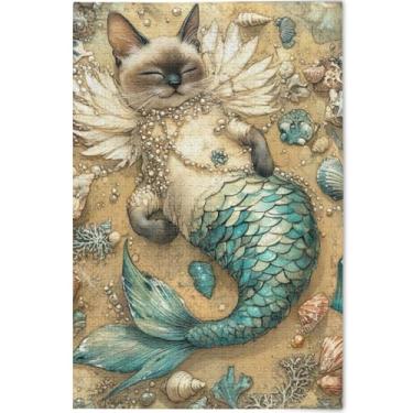 Imagem de Quebra-cabeça personalizado fofo gato siamês sereia adultos 1000 peças paisagem floral paisagem quebra-cabeça elefante branco, 75 x 50 cm