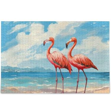 Imagem de Quebra-cabeça de praia flamingos rosa 500 peças para presentes adultos elefante branco engraçado personalizado paisagem quebra-cabeça decoração de arte animal, 52 cm x 37,8 cm
