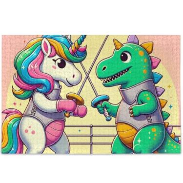 Imagem de Quebra-cabeças personalizados de dinossauro de unicórnio para adultos 1000 peças presentes engraçados de elefante branco paisagem engraçada quebra-cabeça pintura animal, 75 x 50 cm