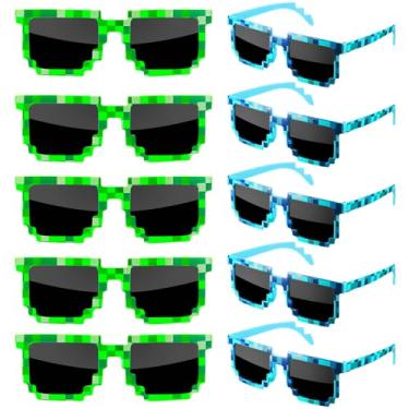 Imagem de SUNOVELTIES 10 Pack Pixeled Sunglasses Bulk Miner Pixel Theme Party Glasses Green Blue 8 Bit Mosaic Gamer Photo Props for Adults