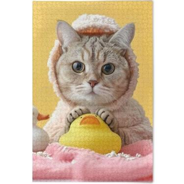 Imagem de Quebra-cabeça fofo gato pato 1000 peças quebra-cabeça adulto engraçado rígido para adultos jogo de brinquedo obra de arte, 75 cm x 50 cm