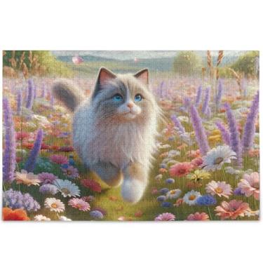 Imagem de Quebra-cabeça de gato Ragdoll floral de primavera personalizado 500 peças para adultos arte animal quebra-cabeça divertido presente de mordaça presentes para amantes de quebra-cabeça, 52 cm x 37,8 cm