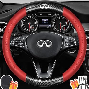 Imagem de Capa de volante compatível com Infiniti, couro napa premium e textura de fibra de carbono brilhante capa de volante com 2 porta-copos e cabo USB de carregamento rápido (vermelho)