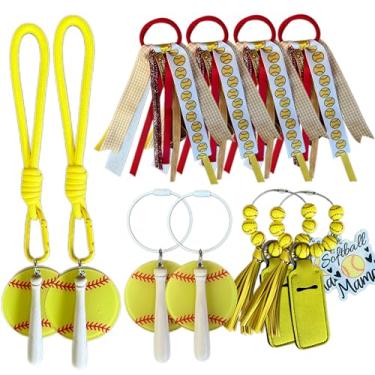 Imagem de Jvuessieye Acessórios de softball, chaveiro, borlas, bolsa de lembrancinha de festa, etiqueta, protetor labial, suporte de chapstick, presentes de equipe, Amarelo-vermelho, P