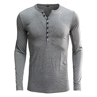 Imagem de NJNJGO Camiseta masculina casual slim fit Henley manga longa moda gola V camisetas, Cinza, P