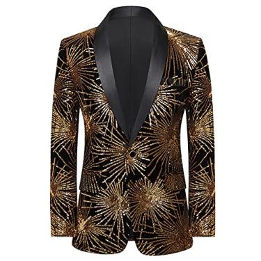 Imagem de Blazer masculino de lantejoulas Fireworks Glitter Terno Jaqueta Um Botão Slim Fit Casaco Festa Formatura Roupas de Casamento Chic Club Wear, Ouro, G (Busto: 100cm)