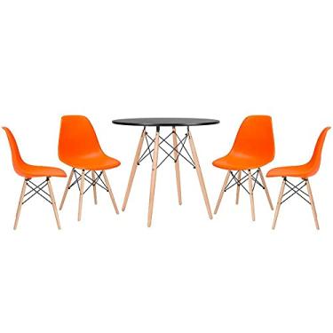 Imagem de Loft7, Kit - Mesa redonda Eames 80 cm preto + 4 cadeiras Eiffel Dsw Laranja