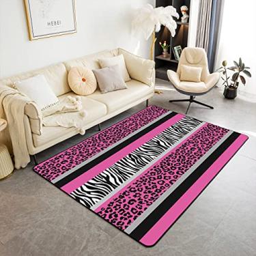 Imagem de jejeloiu Tapetes de sala de estar de leopardo 13 x 17 cm rosa preto branco conjunto de tapetes para chita tapete de chão interno antiderrapante safári animal zebra impressão antiderrapante tapete corredor de área
