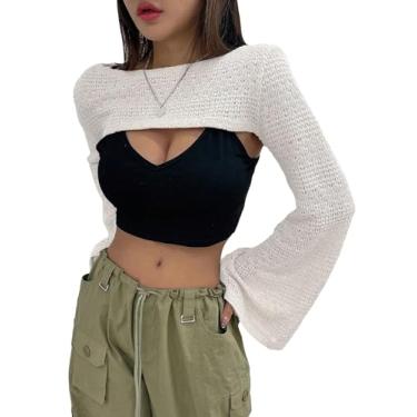 Imagem de Cozyease Blusa feminina de crochê de manga comprida Y2k Top cropped Bolero Shrug Sweater Streewear, Branco liso, P