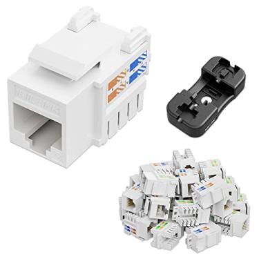 Imagem de iwillink Conector Keystone Cat6 de 10 Gbps, RJ45 Keystone Jack pacote com 25 e suporte Keystone Punch-Down, inserção de conector Ethernet modular UTP 90 graus, adaptador de conector keystone, branco