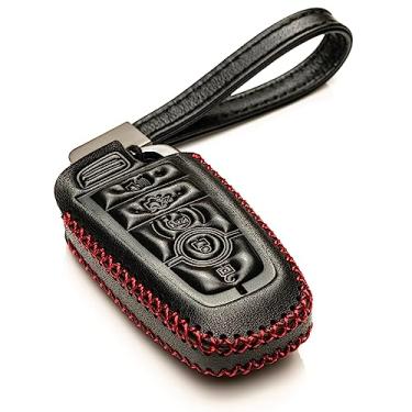 Imagem de Vitodeco Capa de chaveiro inteligente de couro genuíno compatível com Ford Mustang 2018-2024, Ford Mustang Mach-E 2021-2023 (5 botões, preto/vermelho)