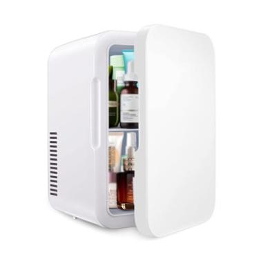 Imagem de NZHIMING Mini frigorífico, 6 litros/8 latas de maquiagem para cuidados com a pele 110V/220V CA/12V DC refrigerador e aquecedor termoelétrico portátil pequeno para quarto, bebidas, cosméticos, branco