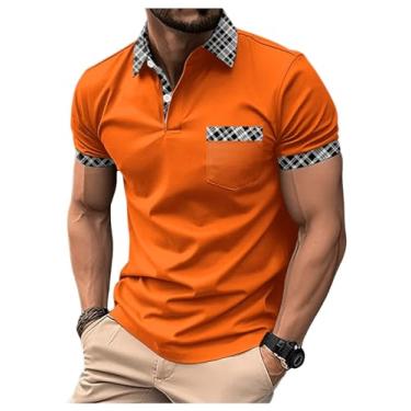 Imagem de SOLY HUX Camiseta masculina casual de manga curta com botões e bolso, Xadrez laranja, GG