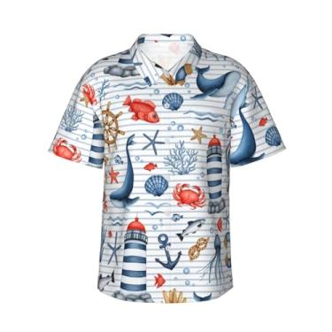 Imagem de Xiso Ver Camisa havaiana masculina manga curta casual camisa de praia casual de botão para festa de verão na praia, Aquarela náutica, P