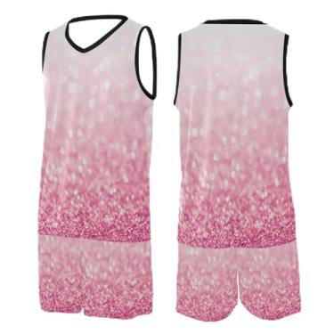 Imagem de CHIFIGNO Camiseta de basquete azul roxo gradiente, camisa de tiro de basquete, camiseta de treino de futebol PP-3GG, Glitter branco e rosa, GG