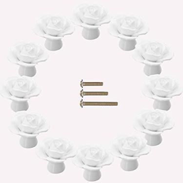 Imagem de Esreak – Pacote com 12 puxadores de cerâmica rosa, puxadores vintage de cerâmica com flores de rosas, puxadores de armário de cozinha, penteadeira com 3 tamanhos de parafusos para quarto de meninas, cômoda, guarda-roupa, armário (12, branco)