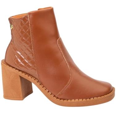 Imagem de Bota Feminina Salto Grosso Ankle Boot Coturno Bico Quadrado Metalasse Confortável Via Angel 80.01 (Caramelo, BR, Adulto, Numérico, 35)