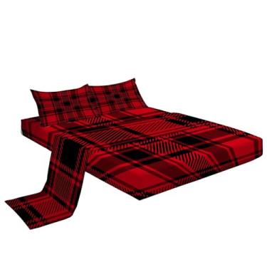 Imagem de Eojctoy Jogo de lençol solteiro - Lençóis de cama respiráveis ultra macios - Lençóis escovados de luxo com bolso profundo - microfibra retrô preto e vermelho xadrez padrão de roupa de cama enrugado,