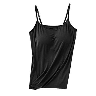 Imagem de Camiseta feminina com sutiã embutido básico de algodão sólido e alças finas ajustáveis com sutiã de prateleira, Preto, M