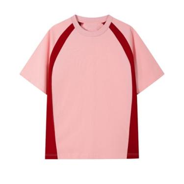 Imagem de FastRockee Camiseta masculina de manga curta colorblock gola redonda ombro caído, Rosa e vermelho, XXG