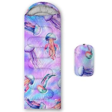 Imagem de QOOMO Sacos de dormir com estampa de água-viva brilhante, 3 estações, clima quente e frio, leve, sacos de dormir à prova d'água para adultos e crianças, viagens e ao ar livre, equipamentos de