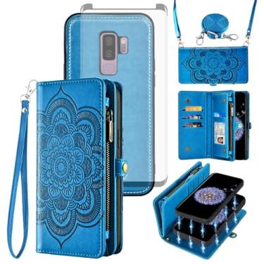 Imagem de Asuwish Capa de celular para Samsung Galaxy S9 Plus carteira com zíper destacável com protetor de tela de vidro temperado, alça transversal, porta-cartões de flores S9+ 9S 9+ S 9 9plus S9plus mulheres