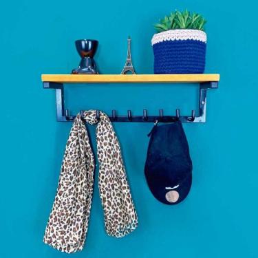 Imagem de Prateleira de Parede de Ferro e Madeira Cabideiro Style 9 Ganchos Carv