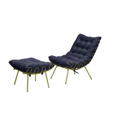 Imagem de Poltrona Com Puff Costela Aramada Adão Dourada-Veludo Azul - Metal Móv