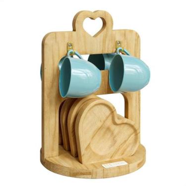 Imagem de Jogo Xicara Café Azul Porcelana com Pires e Suporte Madeira - Mundo da