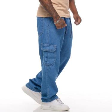 Imagem de Calça Masculina Cargo Jeans Claro Cos Elástico Cordão Skatista - Mitch