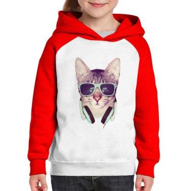 Imagem de Moletom Infantil Gato Headphone - Foca na Moda, Branco, Vermelho, 2