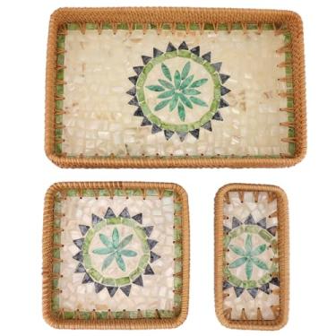 Imagem de Bandeja tecida de vime Vomeko 3 peças, bandeja de frutas de vime bandeja de frutas retangular, bandeja retangular, bandeja de armazenamento multiuso para restaurante doméstico (Tipo Boêmio)