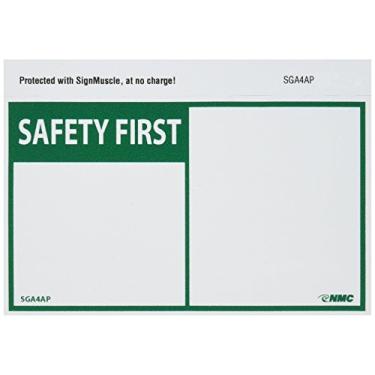Imagem de NMC Placa SGA4AP OSHA, legenda "SAFETY FIRST", 12,7 cm de comprimento x 7,6 cm de altura, vinil sensível à pressão, verde sobre branco (pacote com 5)