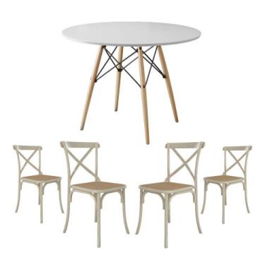 Imagem de Jogo de Mesa Eiffel Redondo Tampo de Madeira 90cm Branco com 4 Cadeira