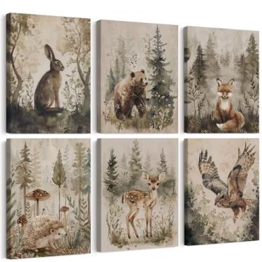 Imagem de Arte de parede de animais da floresta decoração de parede em tela para berçário, pôster de animais da floresta, arte de parede para bebês, aquarela, safári, pôsteres de quarto de meninos, imagens de