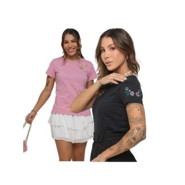 Imagem de Kit 2 T-shirt Bordadas na Manga Camisetas Bordadas Algodão Fio 30 - Au