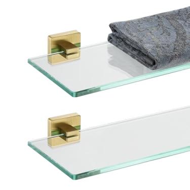 Imagem de JQK Prateleira de vidro para banheiro, chuveiro flutuante de vidro temperado, armazenamento de 50,8 x 12,7 cm, aço inoxidável 304, ouro escovado, suporte de parede, pacote com 2, pacote com 2,