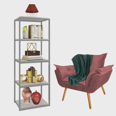 Imagem de Kit Poltrona Fatte com Manta Soft Verde e Estante Livreiro Ferro Cinza mdf Marmorizado Cinza Suede Rose Gold - Ahz Móveis