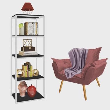 Imagem de Kit Poltrona Fatte com Manta Soft Lilás e Estante Livreiro Ferro Branco mdf Preto Suede Rose Gold - Ahazzo Móveis