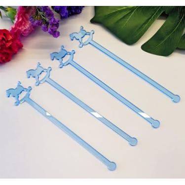 Imagem de Conjunto de 20 agitadores de bebida para chá de bebê, agitadores de bebida de cavalo de balanço azul neon para coquetéis, festas de aniversário de bebê, decorações de festa (azul)