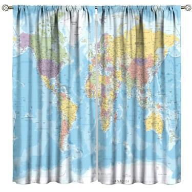 Imagem de Cortinas coloridas com mapa-múndi nomes de países continentes oceanos mundo geografia cortinas de janela para crianças meninos meninas quarto sala de estar escritório cozinha 106,7 cm L x 114,3 cm C