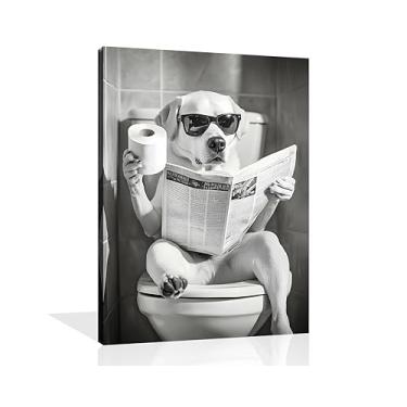 Imagem de OWNANRTHM Cão no vaso sanitário arte de parede em tela de banheiro imagens engraçadas animais banheiro cachorro labrador pôster preto e branco animal banheiro impressões para banheiro banheiro parede
