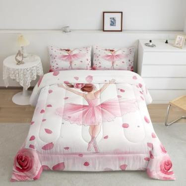 Imagem de jejeloiu Conjunto de cama casal para meninas bailarinas, rosa, para adultos, crianças, adolescentes, dançarinas, conjunto de edredom estilo princesa, 3 peças